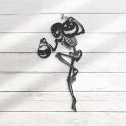 Funny Skeleton Dancer Metal Wall Art Pumpkin Signs Halloween Decoration for Home