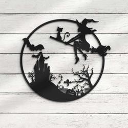 Girl Witch and Cat Metal Wall Art Witch Signs Halloween Decoration for Home