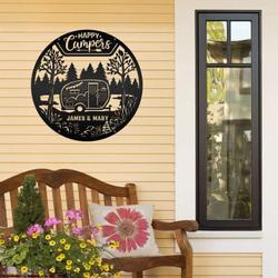 happy campers personalized camping metal sign forest mountain outdoor scene gift for camping lover rv campsite decor custom metal sign 1