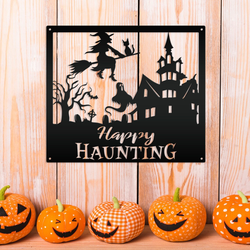 Happy Haunting Metal Wall Art Haunted House Sign Halloween Decoration For Home
