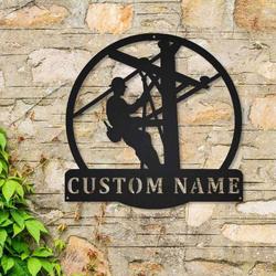 lineman monogram job gift linework home office decor custom metal sign 1