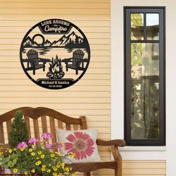 love around the campfire custom metal sign name firepit patio campround decor couple camping anniversary gift 1