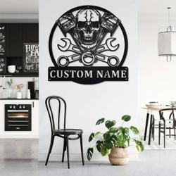 mechanic engine skull personalized metal sign custom name garage workshop decor 1