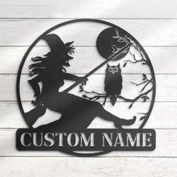 Moon Witch Riding Broom Metal Wall Art Witchy Signs Halloween Decoration for Home