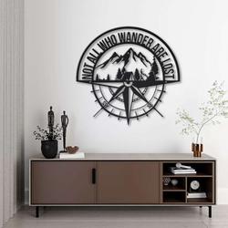 not all who wander are lost camping compass metal wall decor mountain scenery home living decor custom metal sign 1
