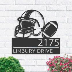 Personalized American Football Helmet Sport Address Sign House Number Plaque Custom Metal Wall Art