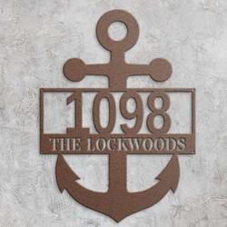 personalized anchor address sign beach house decor nautical coastal seaside beach ocean wave naval marine boat house number plaque custom metal sign 2