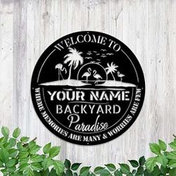 personalized backyard sign outdoor decor metal sign for backyard patio garden flamingo palm trees sign housewarming gifts 2
