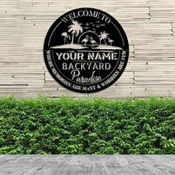personalized backyard sign outdoor decor metal sign for backyard patio garden flamingo palm trees sign housewarming gifts 3