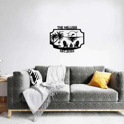 personalized beach house metal sign outdoor sunset beach monogram palm tree beach scene wall art 1