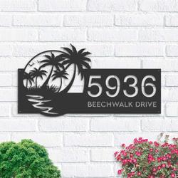 personalized beach scene summer palm tree address sign house number plaque custom metal sign 1