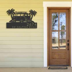 personalized beach van summer palm tree camping address sign house number plaque custom metal sign 2