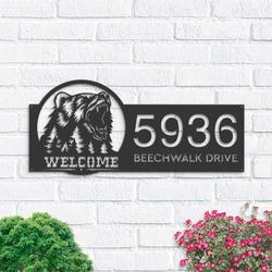 personalized bear forest scene wild life animal welcome address sign house number plaque custom metal sign 1