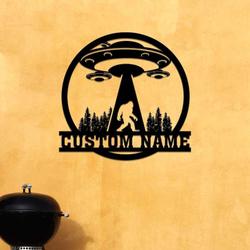 personalized bigfoot alien ufo under the moon camping custom metal sign 1