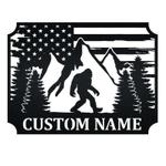 personalized bigfoot in the forest mountain view us flag custom metal sign 0