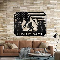 personalized bigfoot in the forest mountain view us flag custom metal sign 1