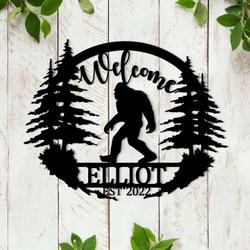 personalized bigfoot sasquatch forest scene cabin lodge welcome custom metal sign 1