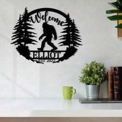 personalized bigfoot sasquatch forest scene cabin lodge welcome custom metal sign 2
