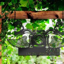 personalized biker bike rider motocycle with wings address sign house number plaque custom metal sign 1