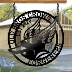 personalized blacksmith flame anvil and hammer forge old bros crown custom metal sign 1