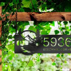 personalized boat on river mountain forest wild scene lake house address sign house number plaque custom metal sign 2