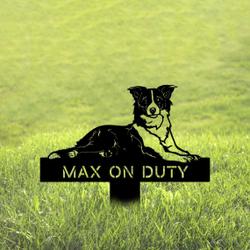 personalized border collie on duty funny garden yard stakes decorative custom metal sign housewarming gift 3
