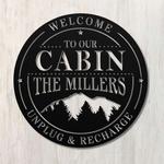 personalized cabin lodge sign with mountain scene unplug and recharge custom metal sign 0