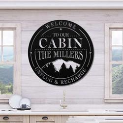 personalized cabin lodge sign with mountain scene unplug and recharge custom metal sign 1