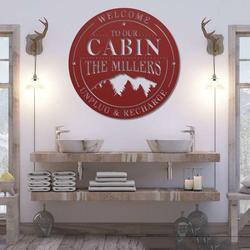 personalized cabin lodge sign with mountain scene unplug and recharge custom metal sign 2