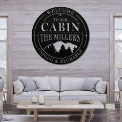 personalized cabin lodge sign with mountain scene unplug and recharge custom metal sign 3