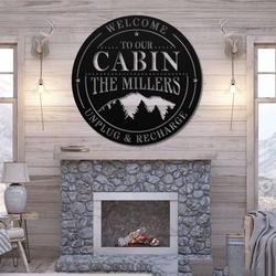 personalized cabin lodge sign with mountain scene unplug and recharge custom metal sign 4