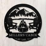 personalized cabin with mountain scene camping firepit custom metal sign 0