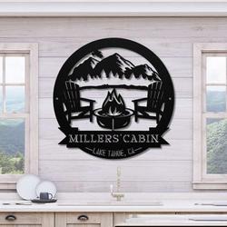 personalized cabin with mountain scene camping firepit custom metal sign 1