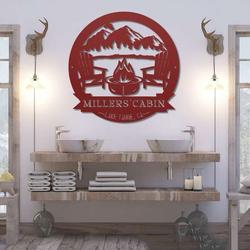 personalized cabin with mountain scene camping firepit custom metal sign 2