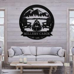 personalized cabin with mountain scene camping firepit custom metal sign 3
