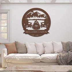 personalized cabin with mountain scene camping firepit custom metal sign 4