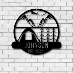 personalized camping tent and firepit camper decor mountain custom metal sign 1