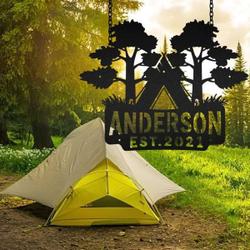personalized camping tent forest tree afcultures metal wall art custom metal sign 1