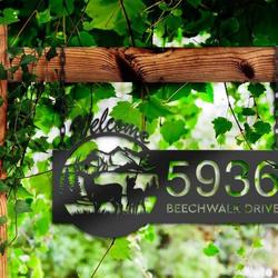 personalized couple deer mountain scene wildlife welcome address sign house number plaque custom metal sign 2