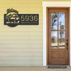 personalized couple deer mountain scene wildlife welcome address sign house number plaque custom metal sign 3