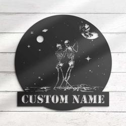 Personalized Couple Skeleton Dance On The Moon Metal Wall Art Halloween Decoration for Home