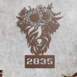 personalized cow sunflower address sign highland cattle house number plaque custom metal sign 1