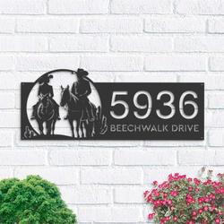 personalized cowboy cowgirl couple horse rider farm ranch address sign house number plaque custom metal sign 1