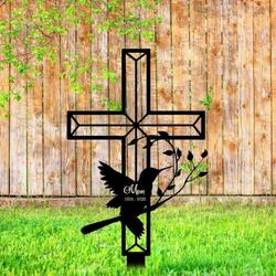 personalized cross hummingbird memorial sign yard stakes mom dad grave marker cemetery decor custom metal sign 1