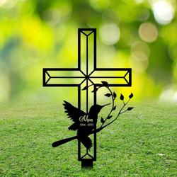 personalized cross hummingbird memorial sign yard stakes mom dad grave marker cemetery decor custom metal sign 2