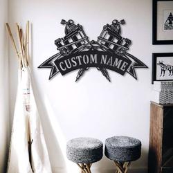 personalized crossed tattoo sign tattoo machine metal sign tattoo machine shop decor tattoo studio name sign tattoo lover gifts 2