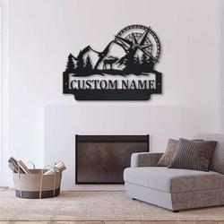 personalized deer mountain forest wall art compass hill tree adventure custom metal sign 1