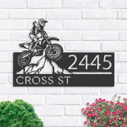 personalized dirtbike motocross rider mountain climbing address sign house number plaque custom metal sign 2