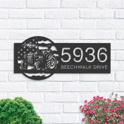 personalized farmer on tractor usa flag address sign house number plaque custom metal sign 1