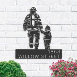 personalized firefighter father and son fireman address sign house number plaque custom metal sign 1